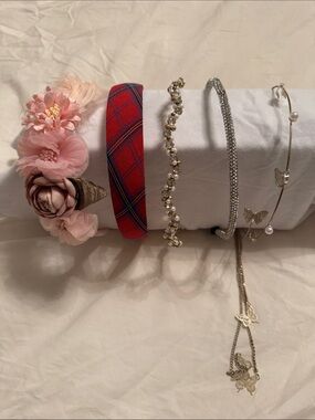 Lot of 5 Girls Headbands various sizes- Pink Floral, Gold & Silver Styles